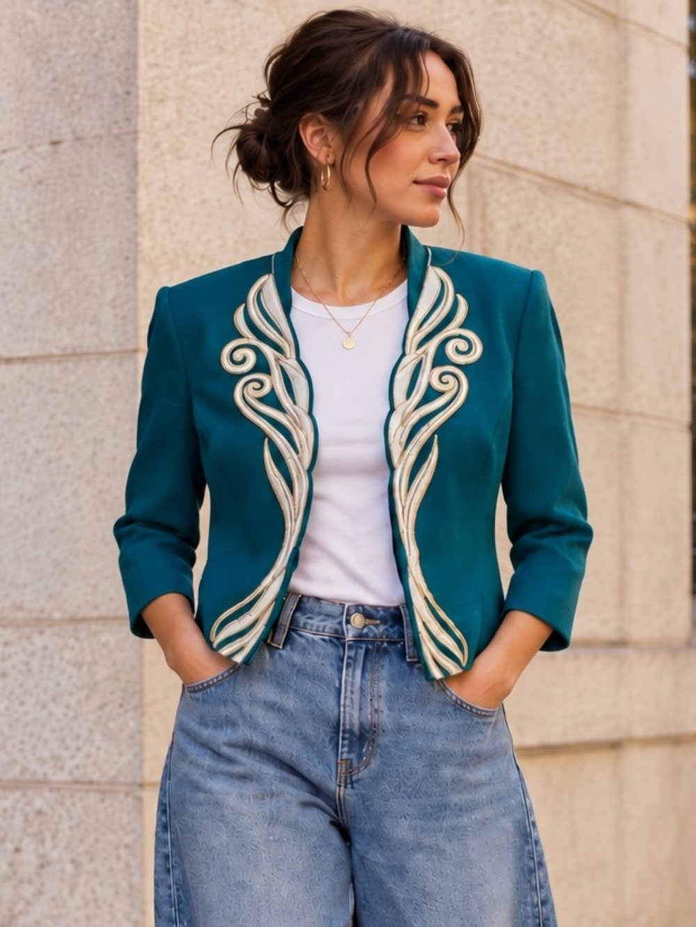 Vintage Bob Mackie Wearable Art Embroidered Blazer Teal Blue Jacket Western M